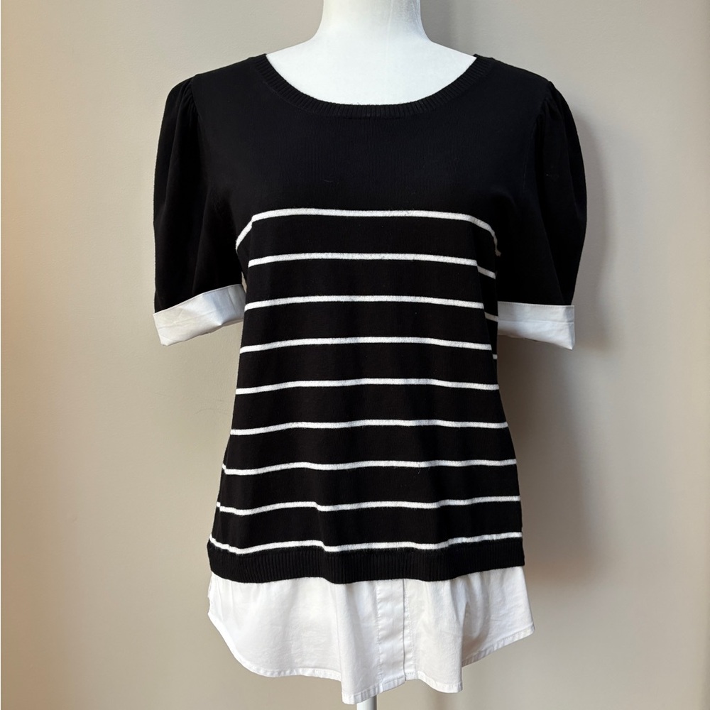 Laundry By Shelli Segal Black and White Striped Short Sleeve Sweater